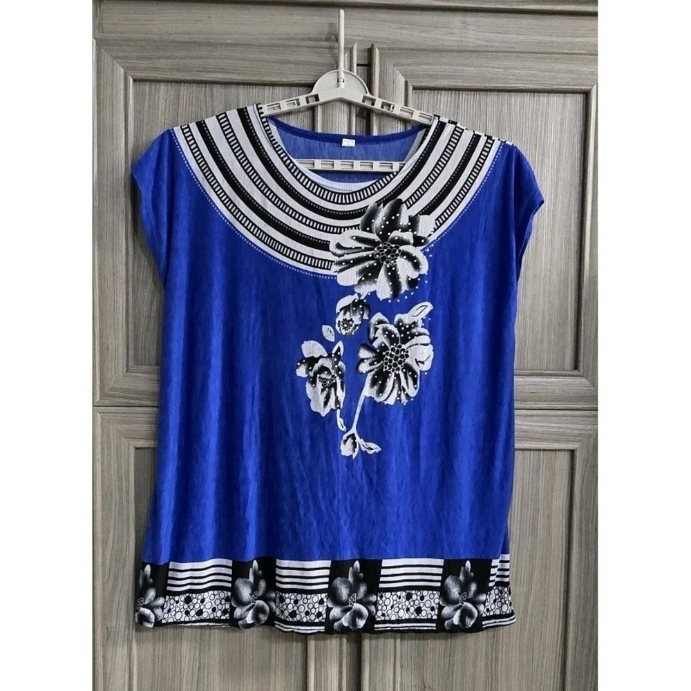 Royal Blue Womens Blouse XL/XXL Silk-Poly Blend Embellished Neckline No Tags...